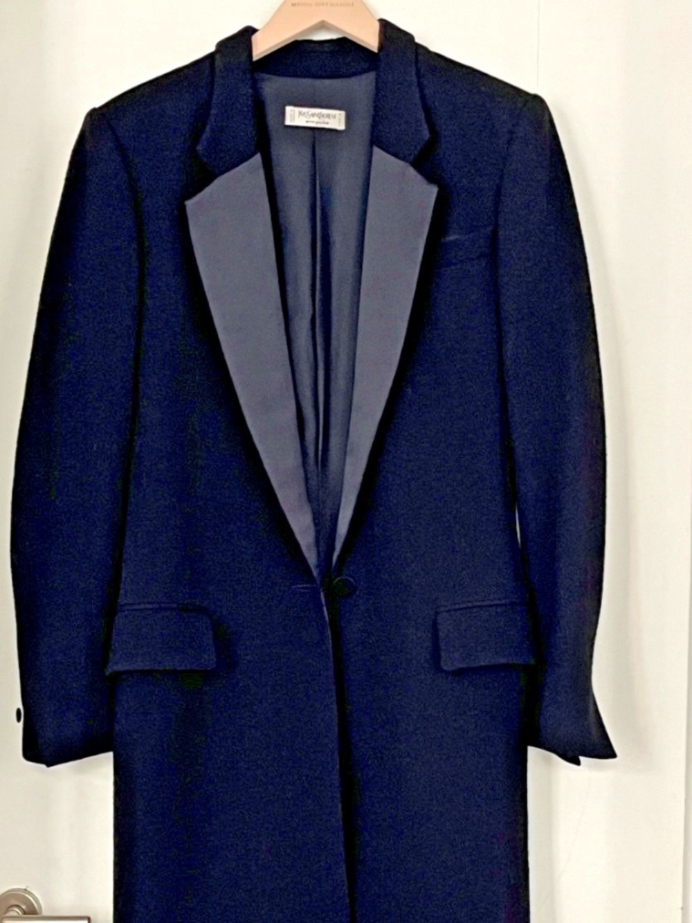 Yves Saint Laurent YSL Vintage Long Tuxedo Coat Black 100% Wool FR 36 Made in FR